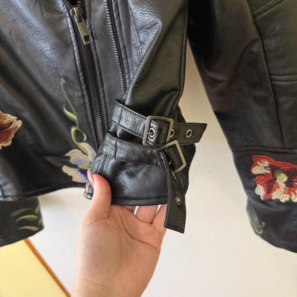 Embroidered Black. Vegan Leather Jacket - Picture 5 of 6